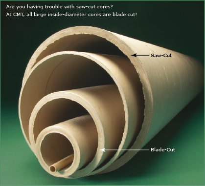 Are you having trouble with saw-cut cores? At CMT, all large, inside-diameter cores are blade cut! Photo: Several cores of different circumferences and thicknesses inside each other comparing saw-cut ends to blade-cut ends